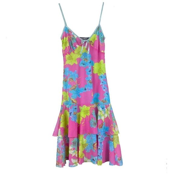 Tally Weijl 90s Tropical Floral Spaghetti Strap Pink Mini Sundress Petite XS XXS - Picture 1 of 10